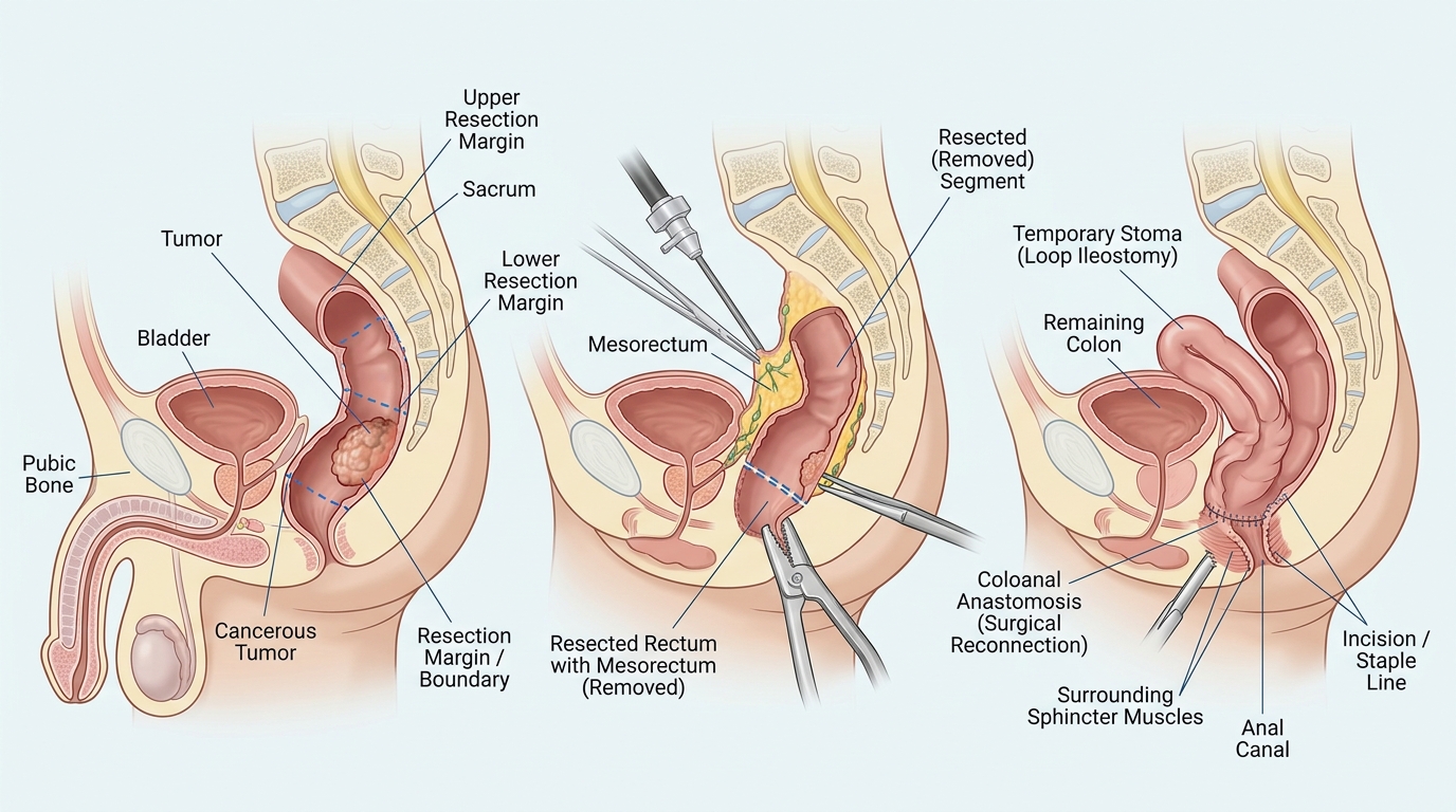 Labeled medical illustration in three stages showing a rectal tumour with upper and lower resection margins, removal of the rectum together with the mesorectum, and reconstruction with a coloanal anastomosis and temporary loop ileostomy