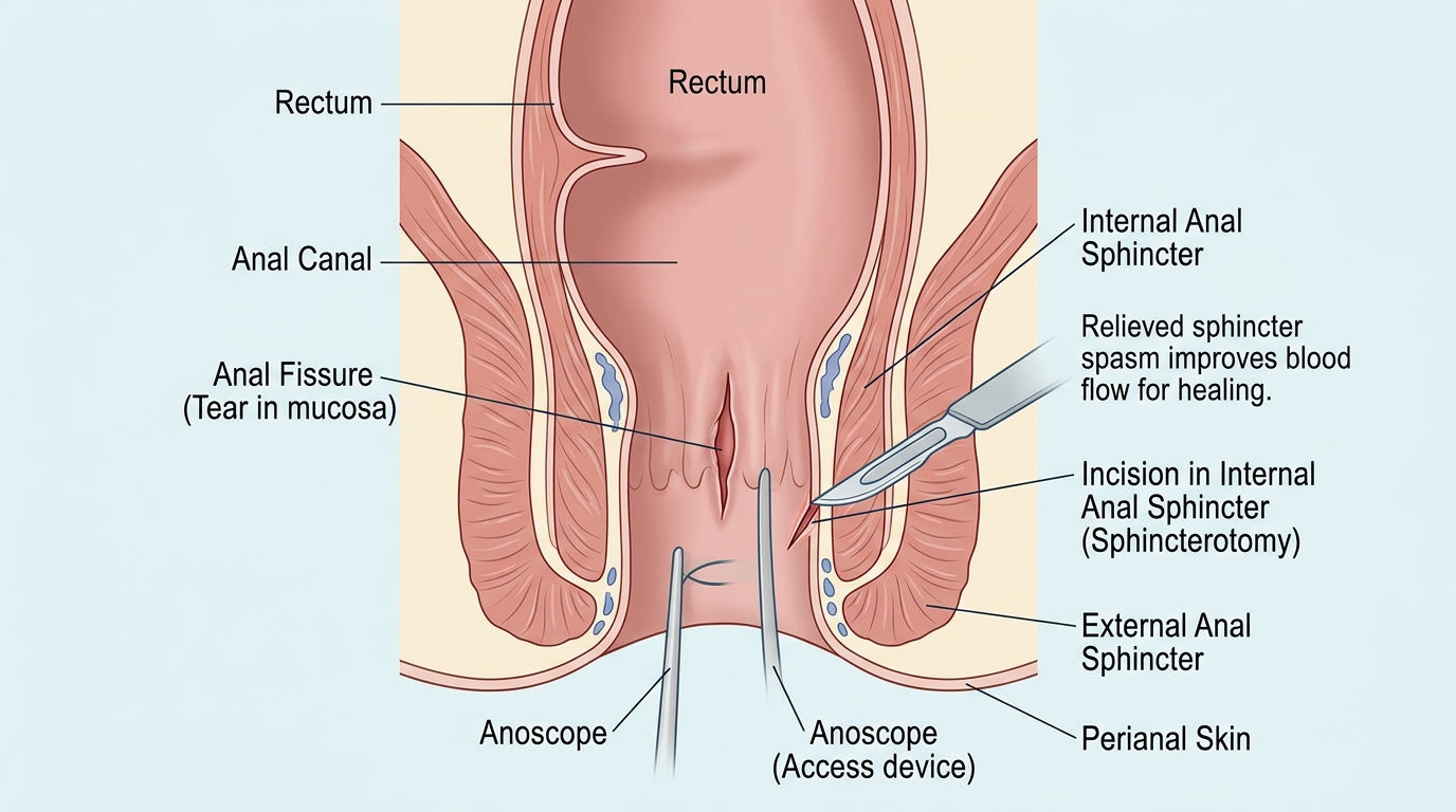 Medical illustration of an anal fissure shown as a tear in the anal canal lining, with an anoscope in place and an incision in the internal anal sphincter (sphincterotomy) to relieve sphincter spasm and improve blood flow for healing