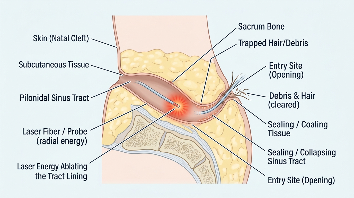 Labeled medical illustration of a pilonidal sinus in the natal cleft, showing the sinus tract, trapped hair and debris, the sacrum, and a laser fibre delivering radial energy to ablate and seal the tract lining