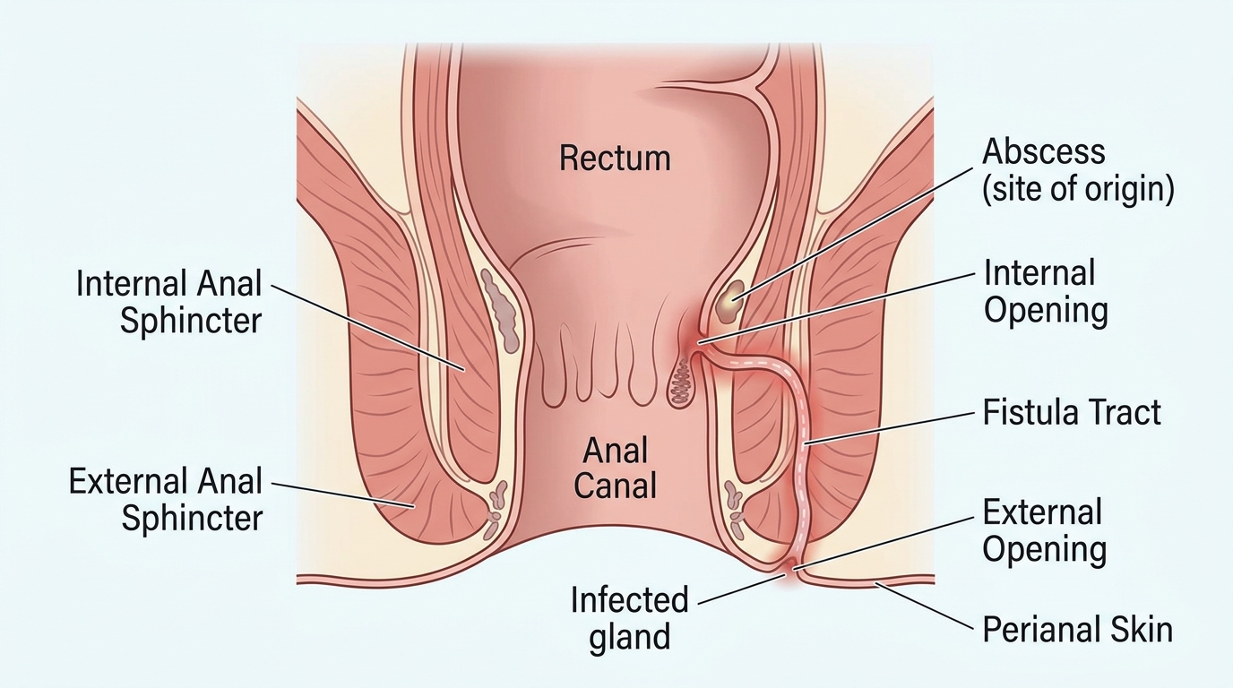 Medical illustration of an anal fistula tract running from an infected gland in the anal canal to an external opening in the perianal skin