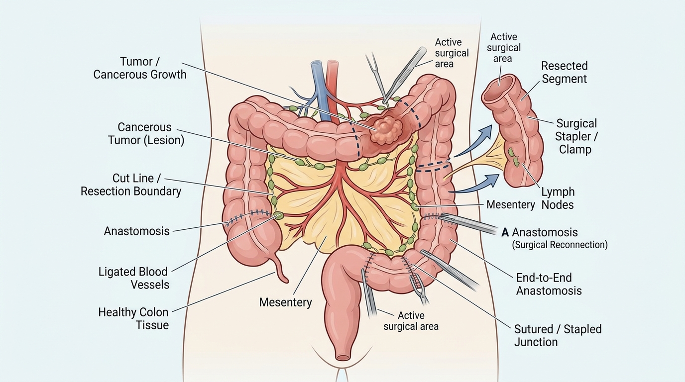 Labeled medical illustration of a colon cancer resection showing the tumour, resection boundaries, mesentery and lymph nodes, ligated blood vessels, the removed segment and an end-to-end stapled anastomosis